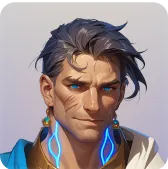 Illustration stylisée d'un avatar masculin aux cheveux noirs, yeux bleus et boucles d'oreilles turquoise