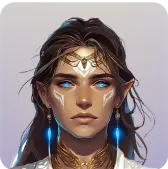 Illustration stylisée d'un avatar féminin avec des traits fantastiques, yeux bleus lumineux et bijoux dorés