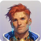 Illustration stylisée d'un avatar masculin aux cheveux roux avec des éléments futuristes lumineux bleus et dorés