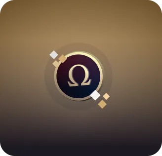 Icône avec le symbole Omega doré sur fond circulaire sombre, entouré d'éléments géométriques décoratifs