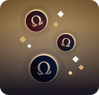 Illustration de trois boutons circulaires avec le symbole Omega, de tailles variées, sur fond dégradé brun doré