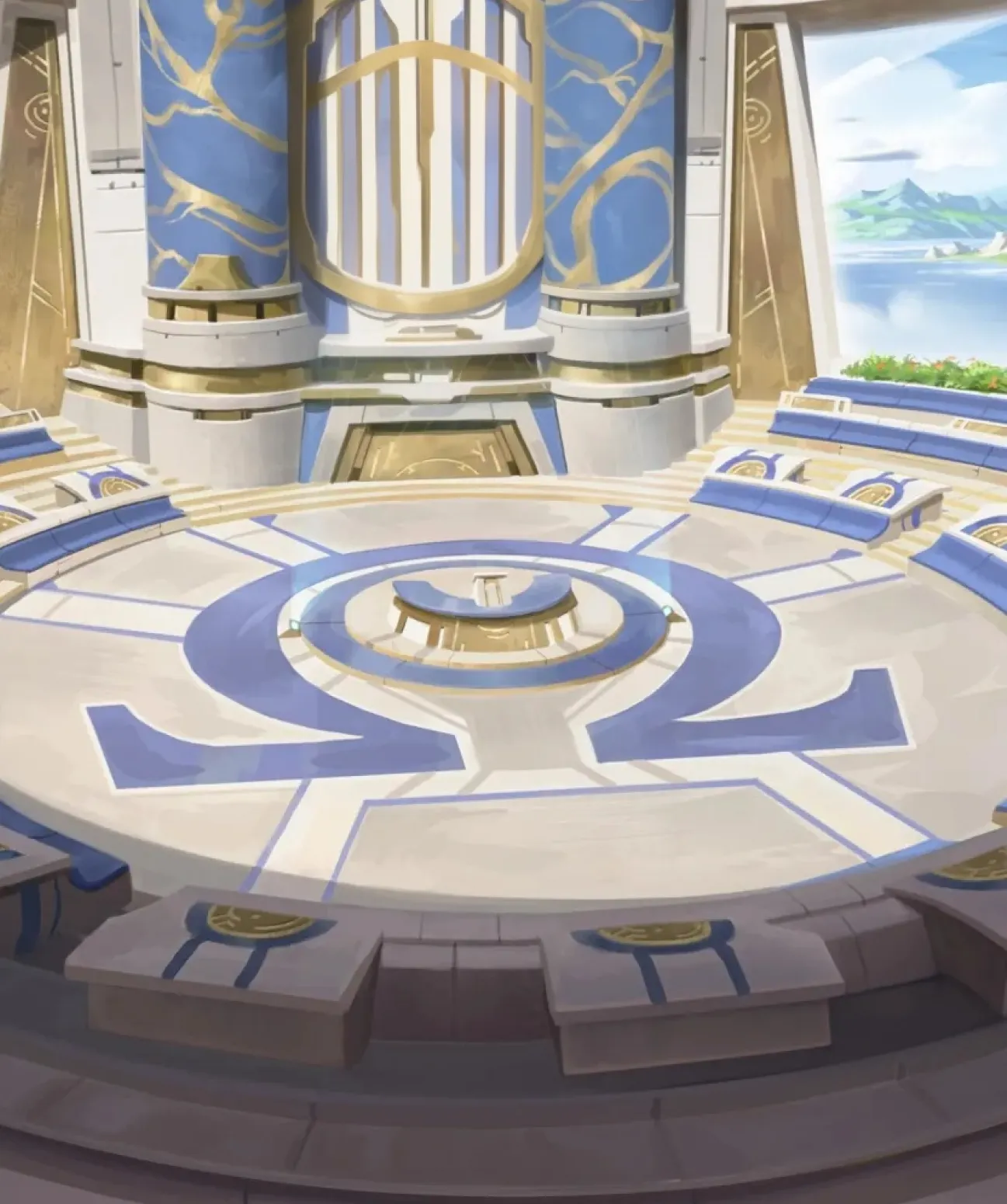 Illustration futuriste d'une arène circulaire aux tons bleu et or avec colonnes monumentales et vue sur un lac
