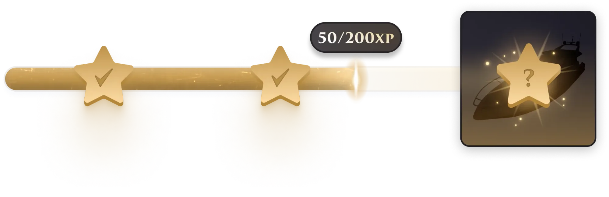 Barre de progression XP dorée avec deux étoiles validées sur trois, indiquant 50/200 XP et une récompense mystère