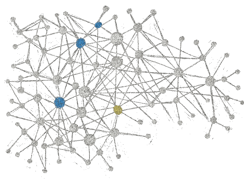 Réseau de nœuds interconnectés avec certains nœuds mis en évidence en bleu et jaune, illustrant un graphe de données