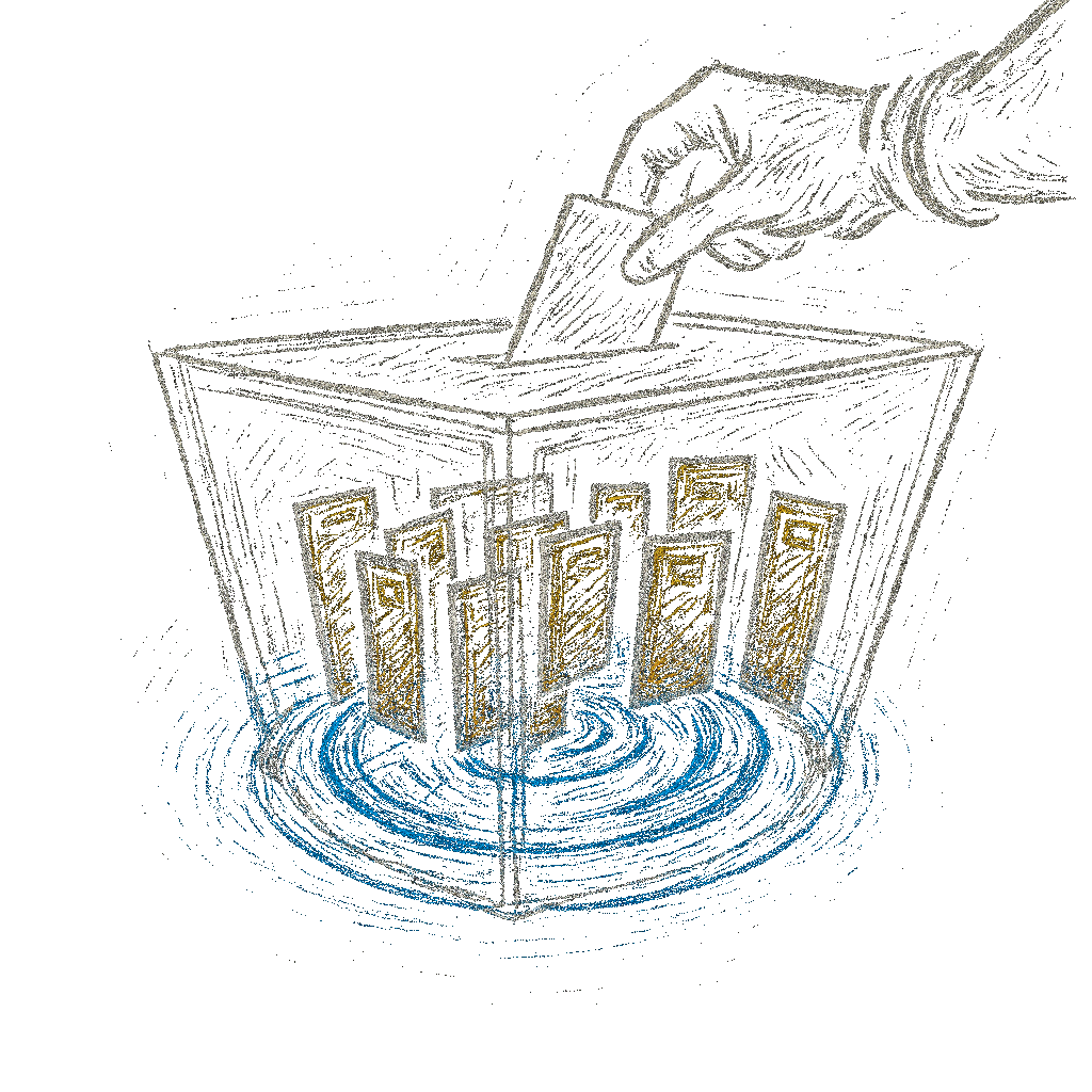 Illustration d'une main déposant un bulletin dans une urne de vote entourée de bâtiments dorés et d'ondes bleues