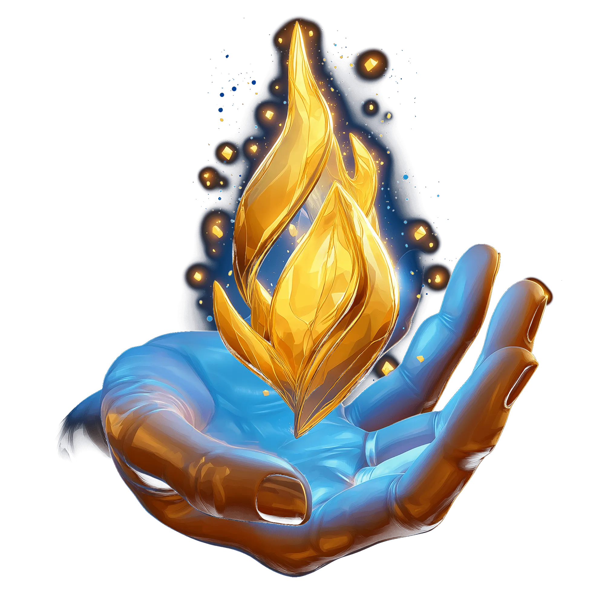 Illustration d'une main bleue ouverte tenant une flamme dorée cristalline entourée de particules lumineuses