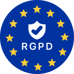 Logo RGPD avec bouclier et coche sur fond bleu entouré des étoiles du drapeau européen