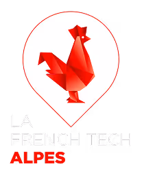 Logo La French Tech Alpes avec pictogramme de coq rouge en origami dans un marqueur géographique