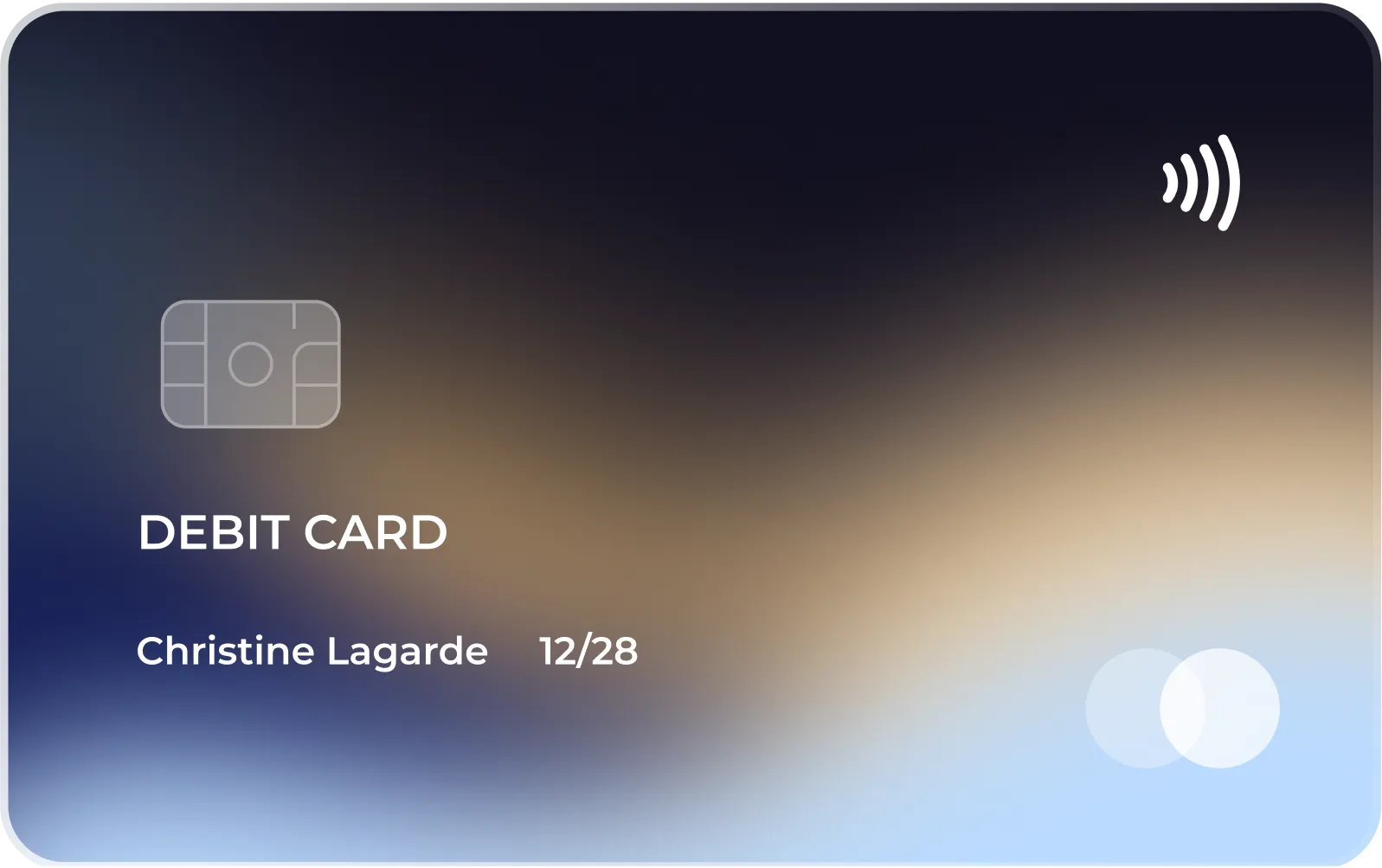 Illustration d'une carte bancaire de débit au nom de Christine Lagarde, expiration 12/28, avec puce et paiement sans contact