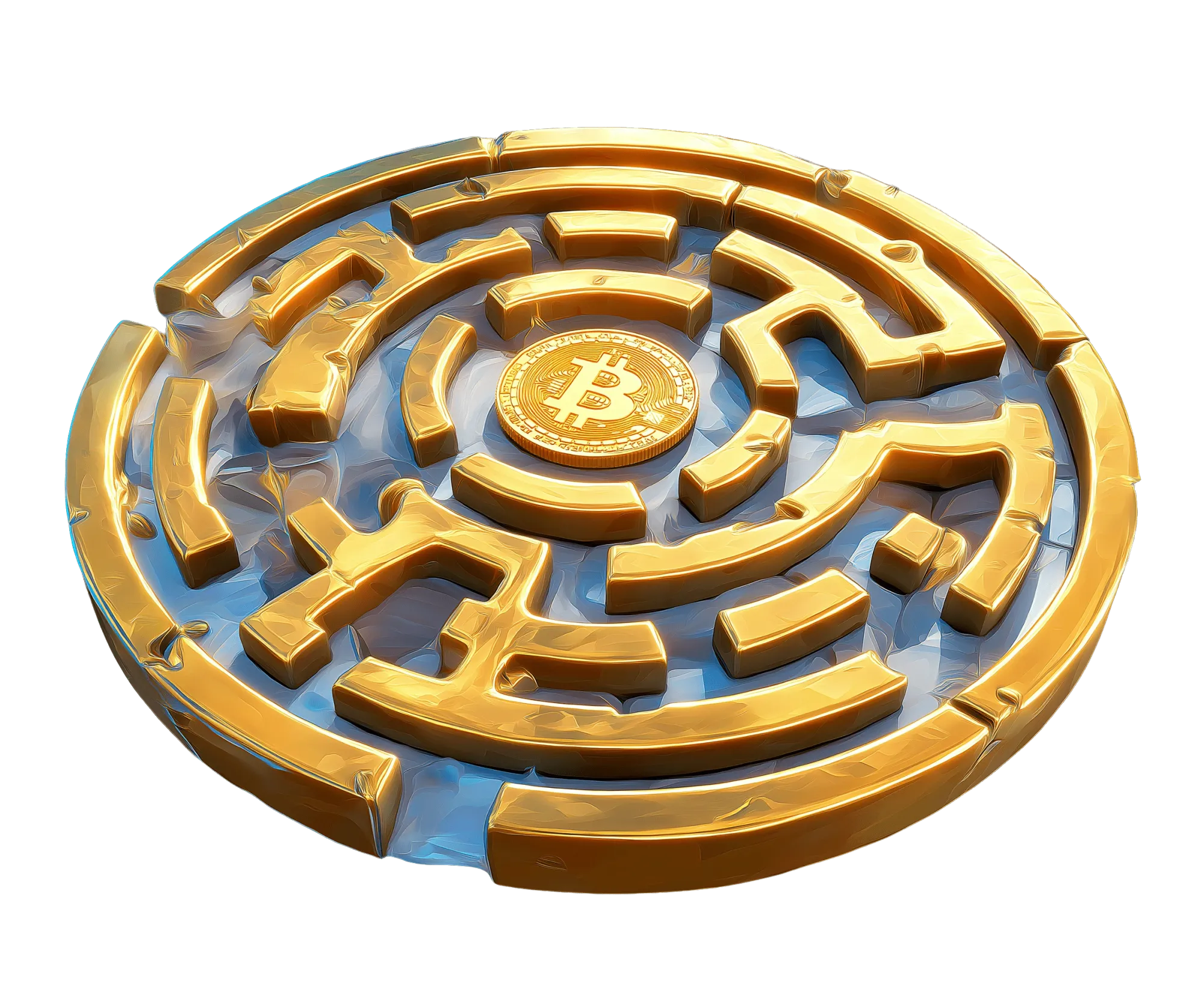 Illustration d'un labyrinthe circulaire doré avec un jeton Bitcoin au centre, sur fond bleu glacé