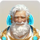 Illustration d'un personnage masculin âgé avec barbe blanche et armure dorée futuriste, style avatar de jeu vidéo