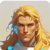 Illustration stylisée d'un avatar masculin aux cheveux blonds longs et yeux bleus avec des éléments lumineux futuristes