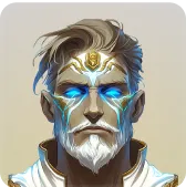 Illustration d'un avatar masculin stylisé avec des yeux bleus lumineux, une barbe blanche et une armure futuriste