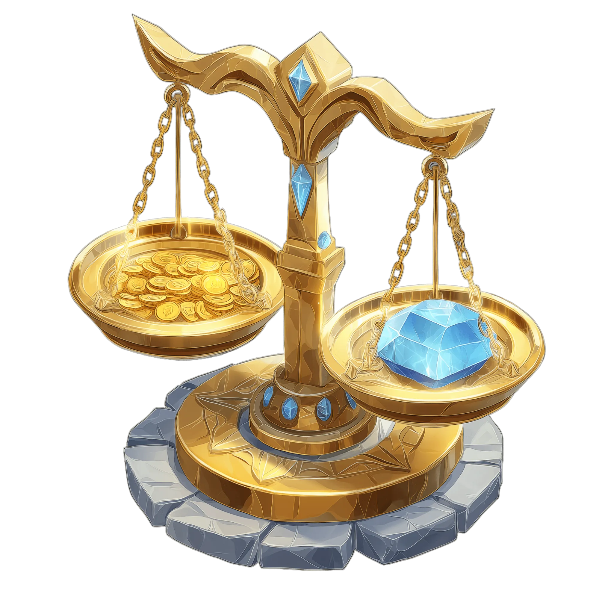 Illustration d'une balance dorée ornée de gemmes bleues, pesant des pièces d'or contre un cristal bleu