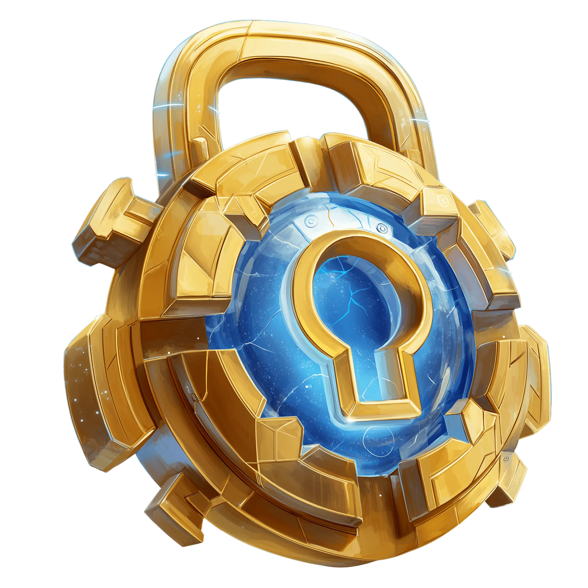 Illustration d'un cadenas doré massif avec un trou de serrure central sur un orbe bleu lumineux, style jeu vidéo