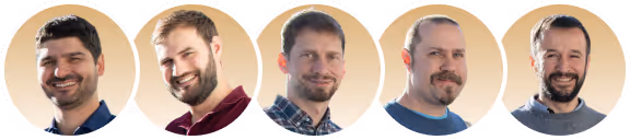 Portraits des cinq cofondateurs de Galeon, souriants, présentés dans des médaillons circulaires sur fond beige