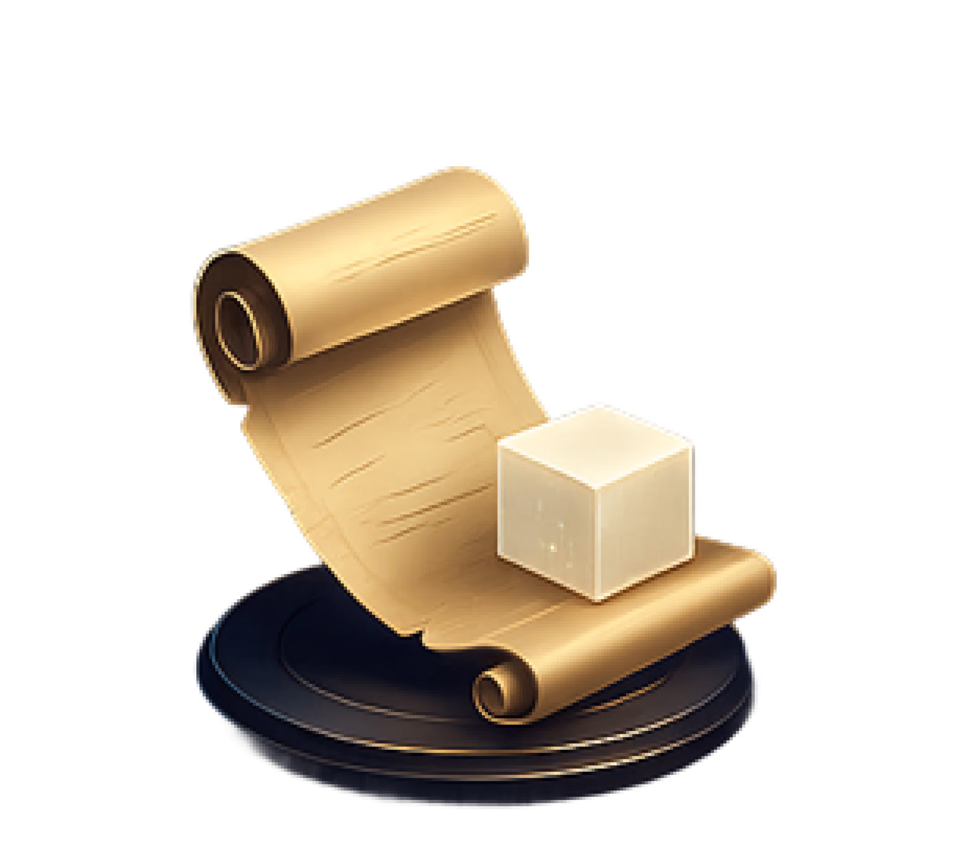 Illustration d'un parchemin doré déroulé avec un cube blanc, posés sur un socle noir arrondi