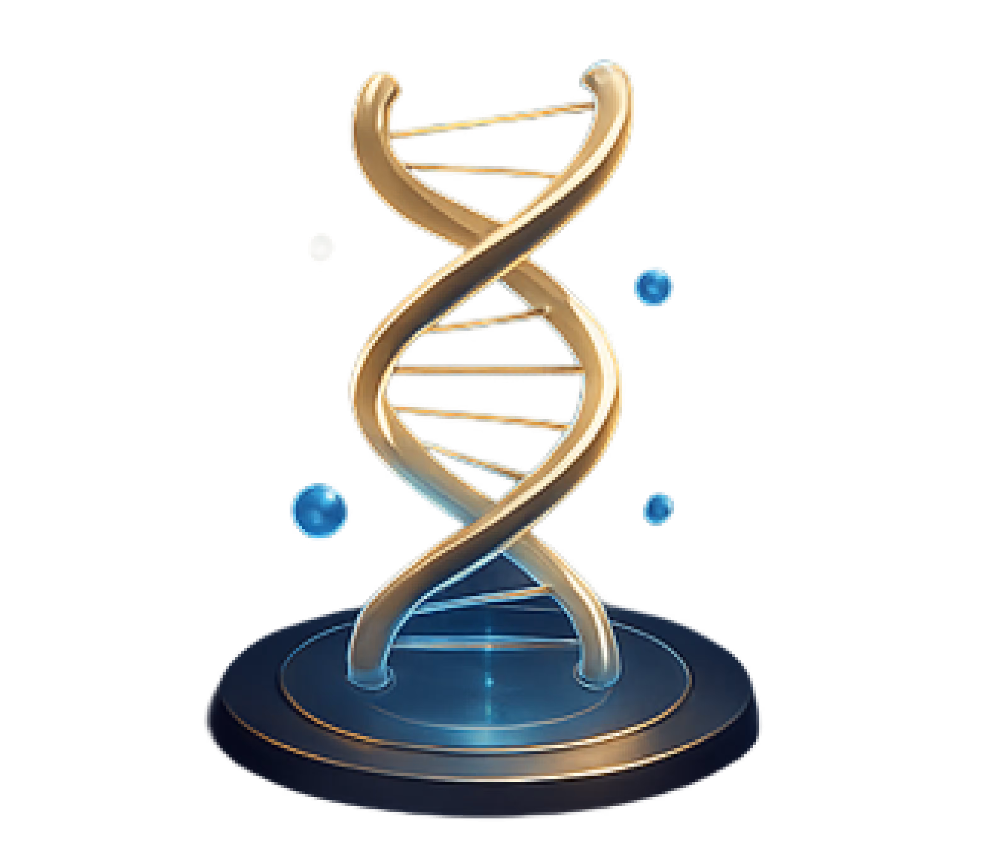Illustration 3D d'une double hélice ADN dorée sur un socle sombre avec éclairage bleu et particules lumineuses