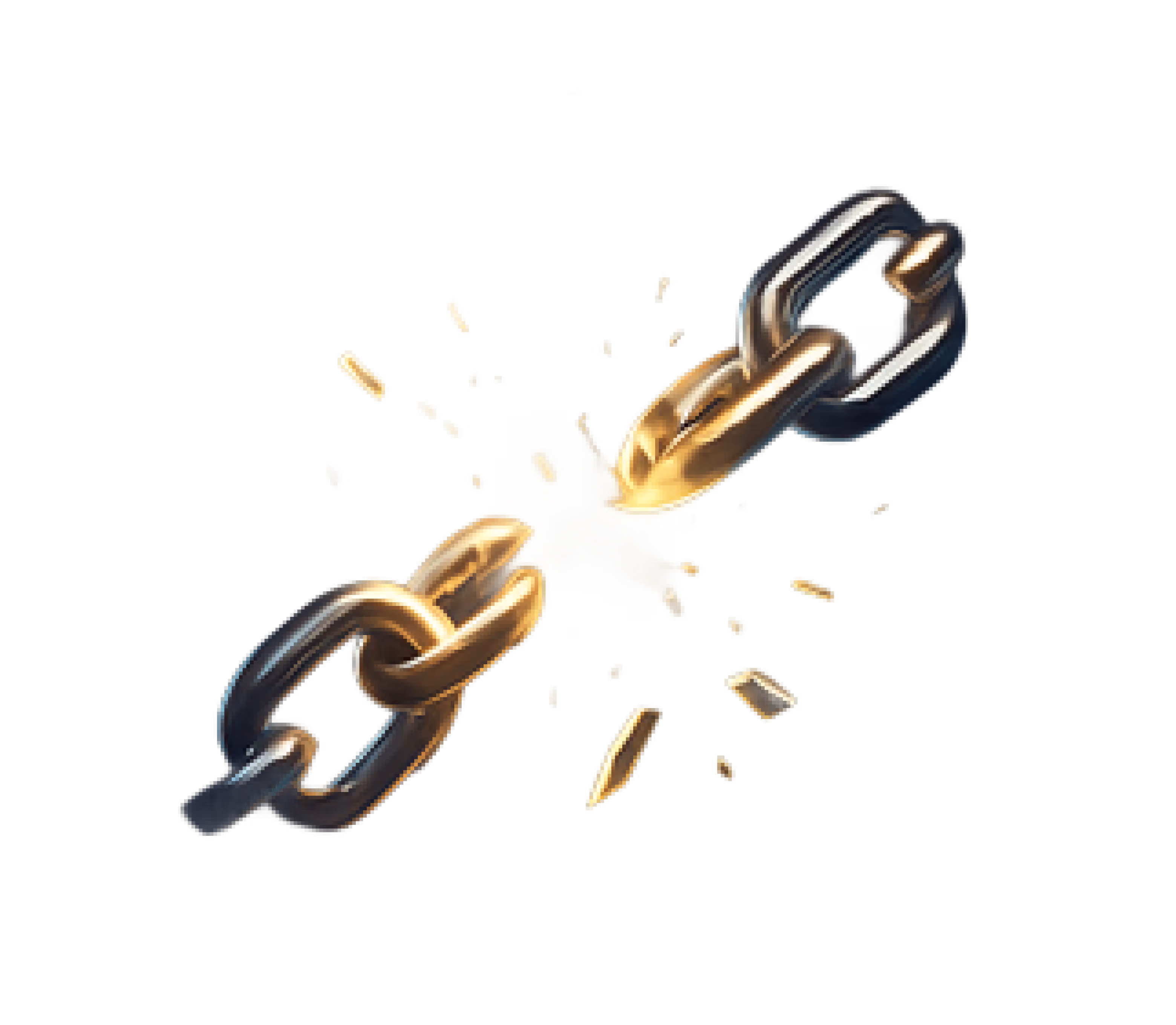 Illustration 3D d'une chaîne métallique dorée et noire se brisant en deux avec des éclats de débris