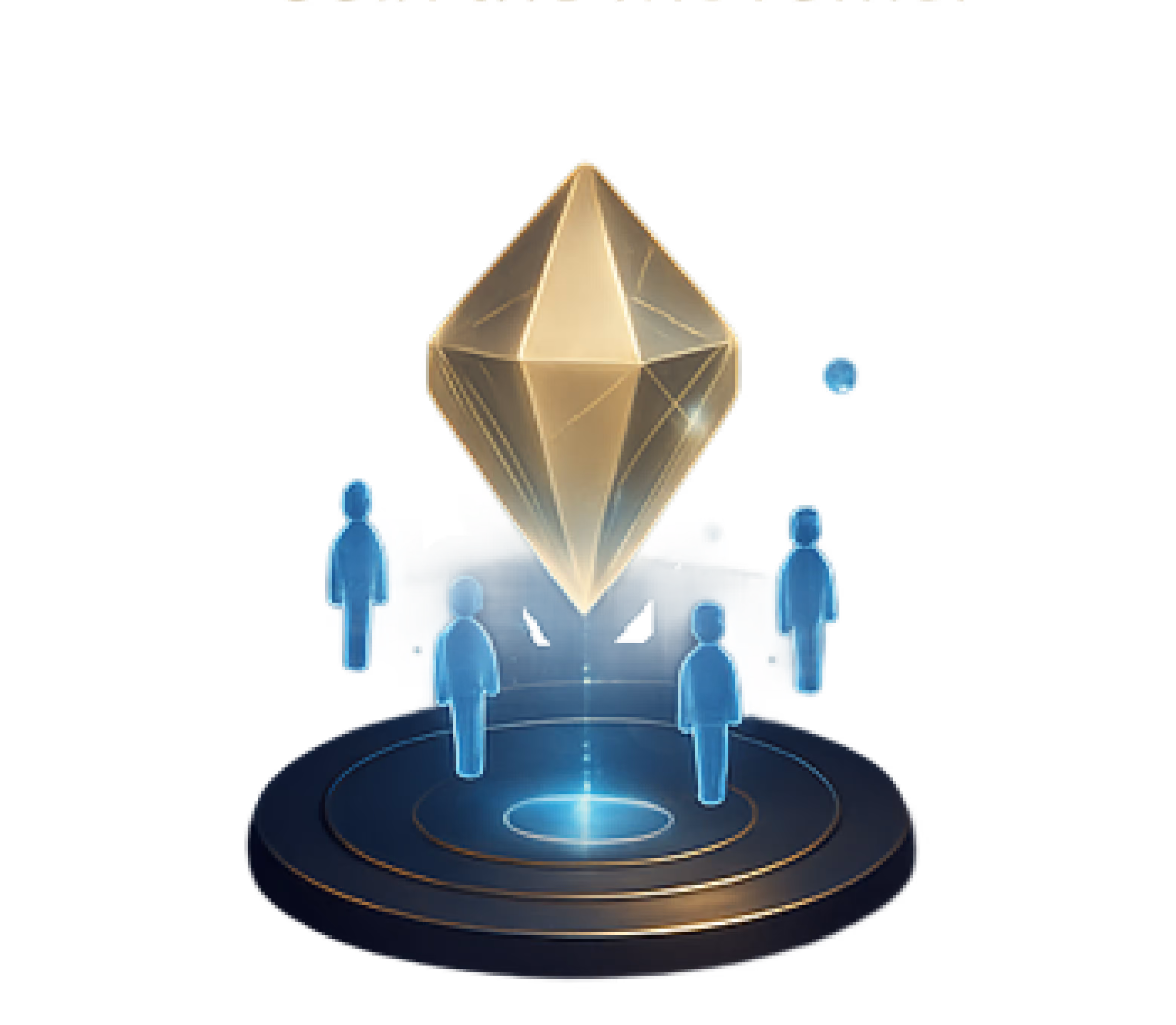 Illustration d'un cristal doré flottant au-dessus d'une plateforme holographique entourée de silhouettes humaines bleues