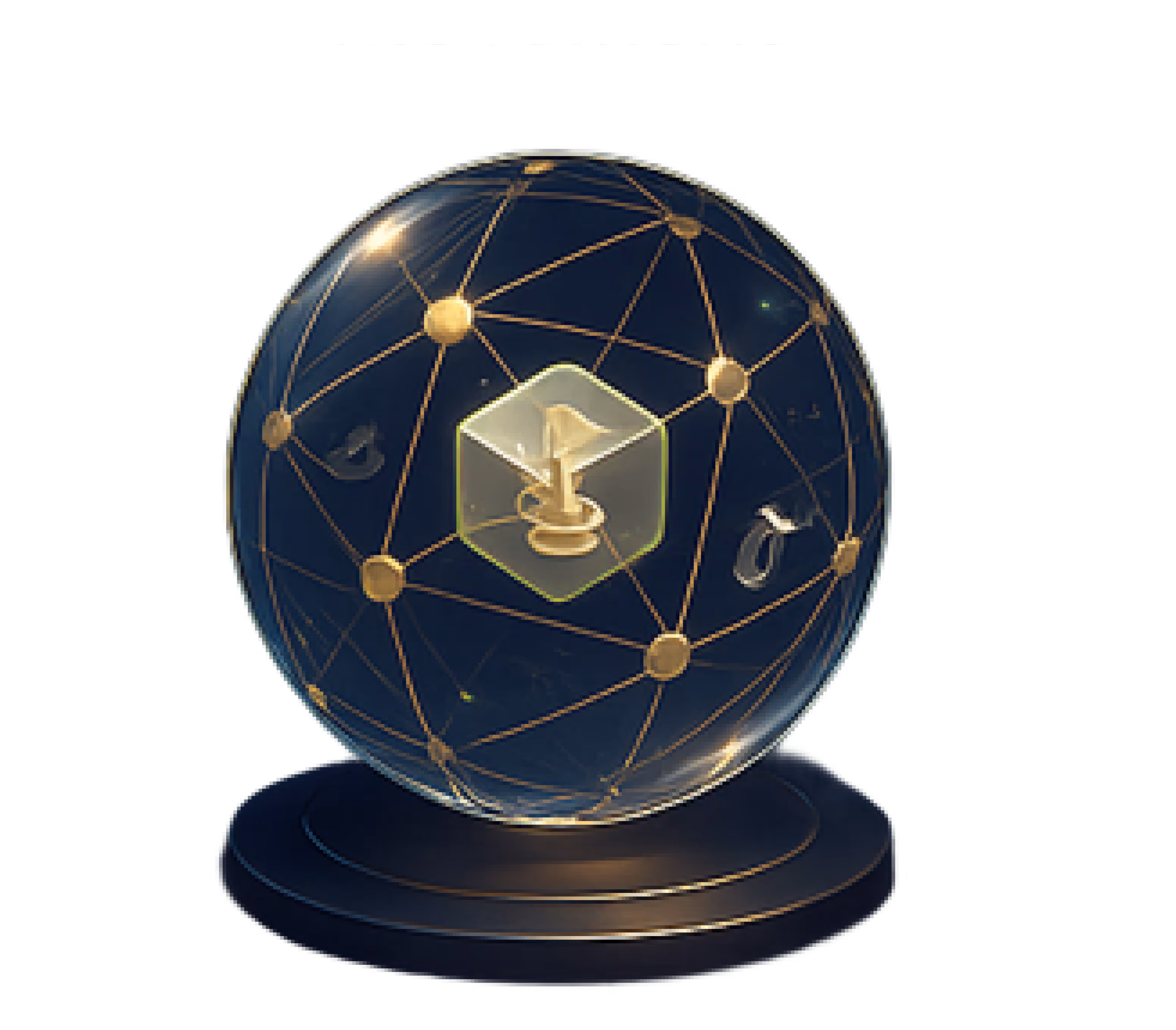 Sphère 3D bleu foncé avec réseau doré interconnecté et icône médicale centrale sur socle noir