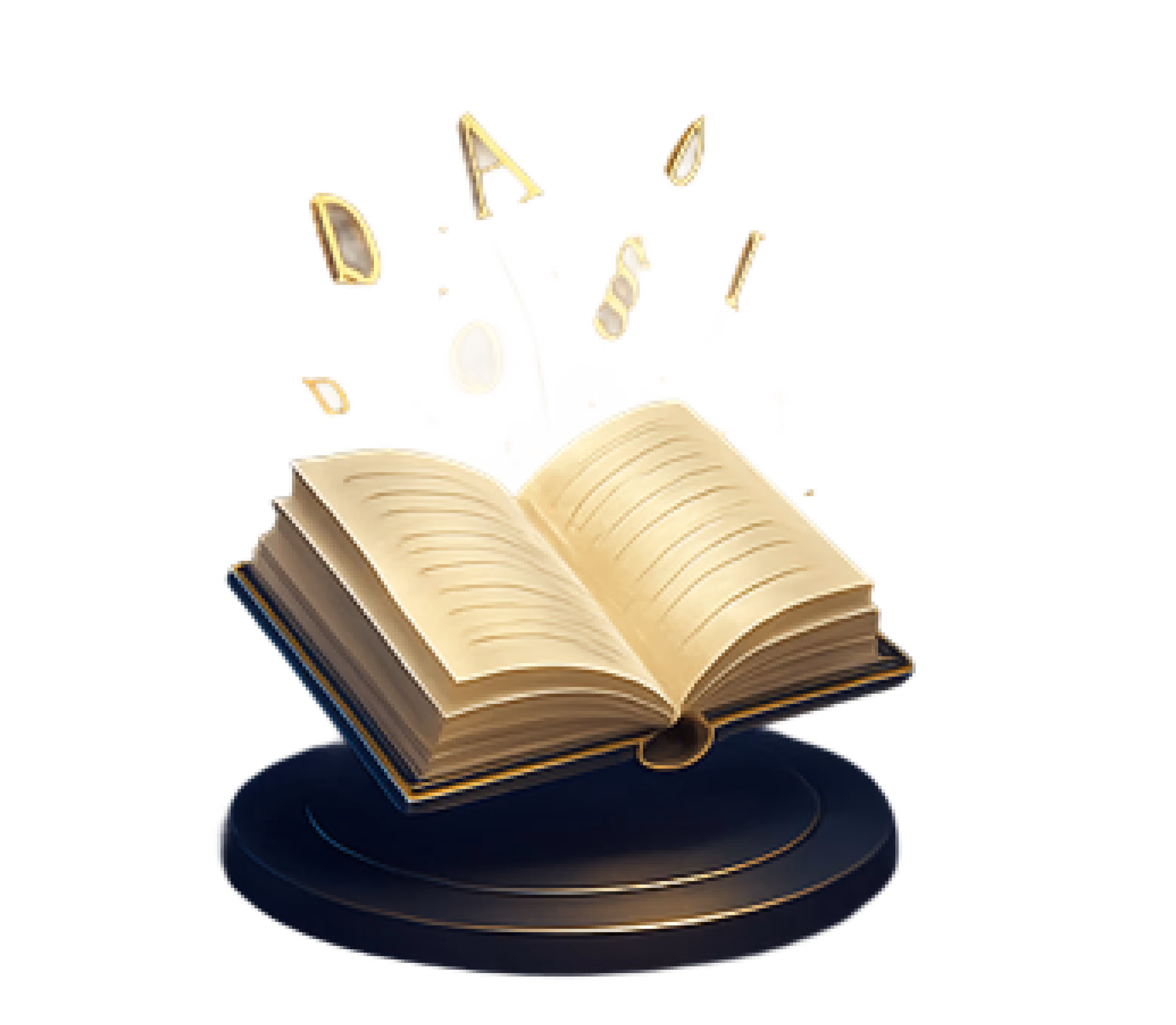 Illustration d'un livre ouvert sur un socle sombre avec des lettres dorées s'envolant des pages
