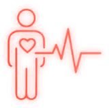 Icône néon rouge d'une silhouette humaine avec un cœur sur la poitrine et une ligne de rythme cardiaque