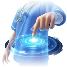 Professionnel de santé en blouse bleue interagissant avec une interface holographique circulaire lumineuse