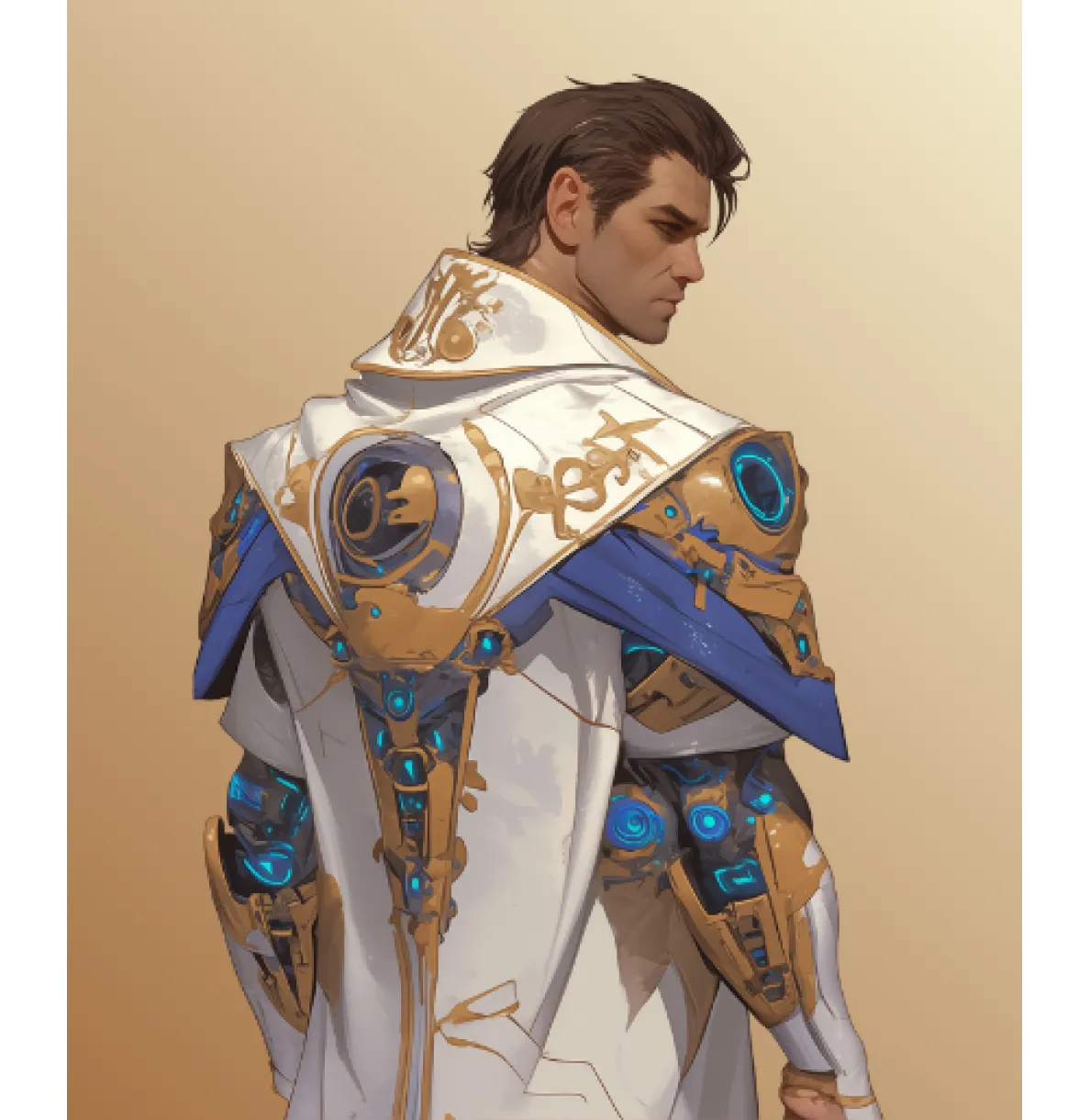 Illustration d'un personnage masculin en armure futuriste blanche, dorée et bleue avec des éléments lumineux cyan