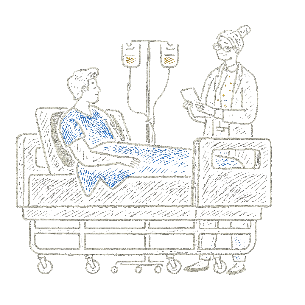 Illustration d'un patient allongé dans un lit d'hôpital avec une perfusion, accompagné d'un soignant tenant un dossier