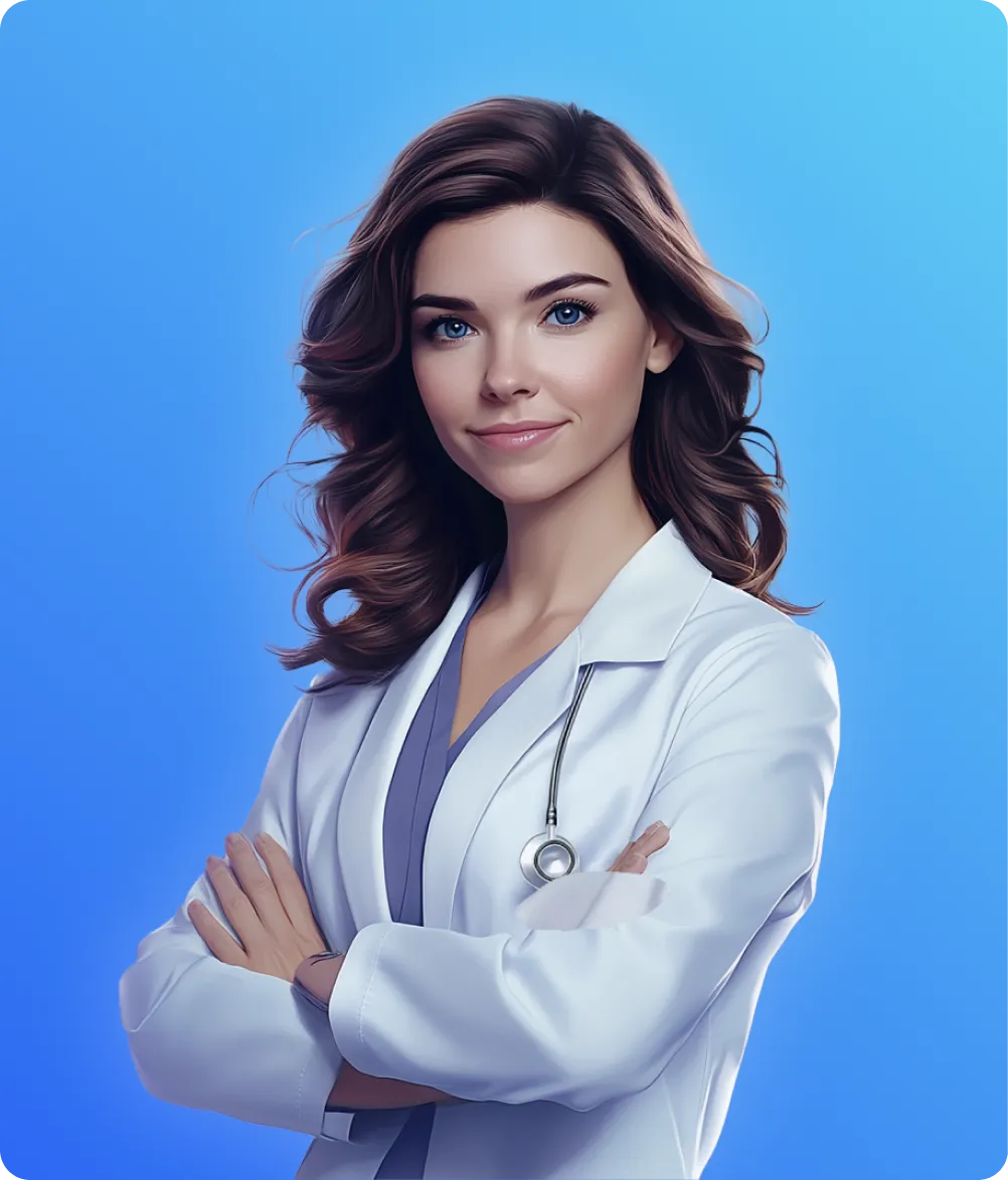 Illustration d'une femme médecin souriante en blouse blanche avec stéthoscope, bras croisés, sur fond bleu