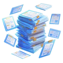 Illustration d'une pile de documents médicaux bleus avec des fiches dispersées autour, symbolisant des dossiers patients