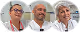 Trois portraits de professionnels de santé souriants en blouse blanche, deux hommes et une femme